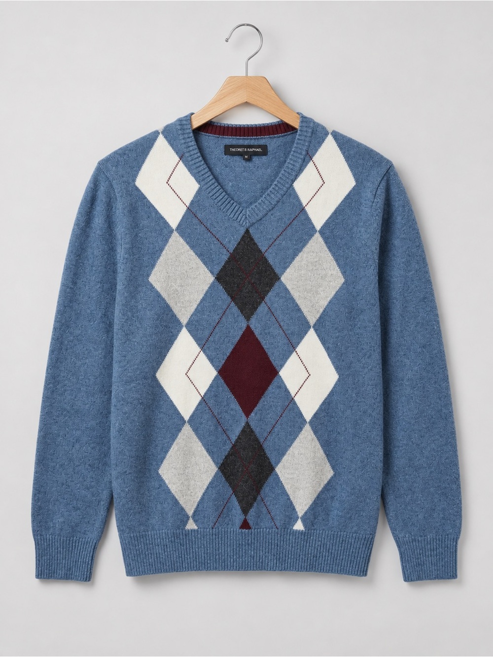 Blue Argyle V-Neck Sweater with Burgundy Accents by Theodore Raphael